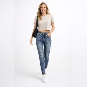 CAbi Cinch Skinny Jeans Size 6 Medium Wash Distressed Double Button